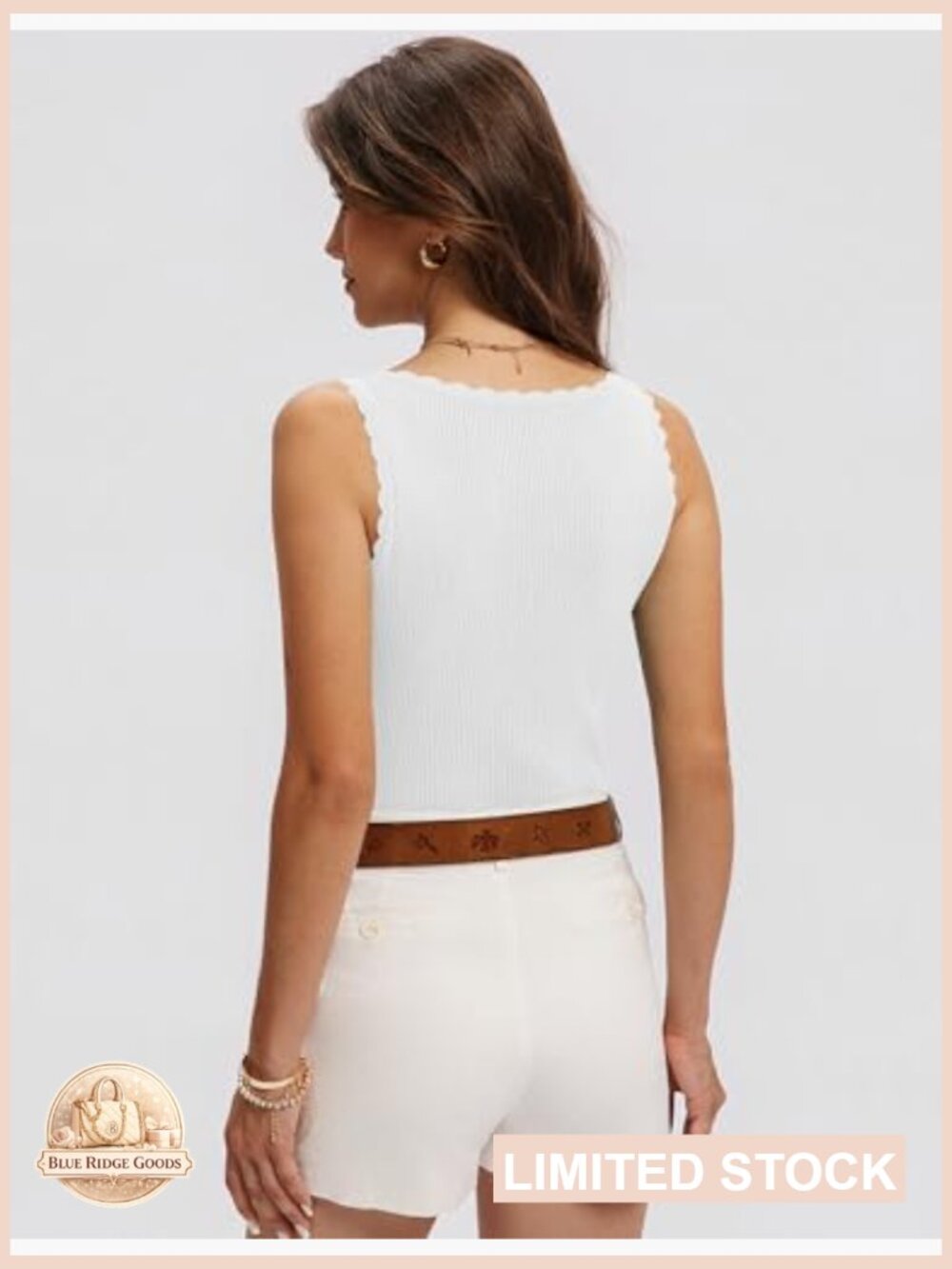 Scoop Neck Sleeveless Tank Top Ribbed Knit Scallop Edge Summer Casual Vest - Picture 5 of 7